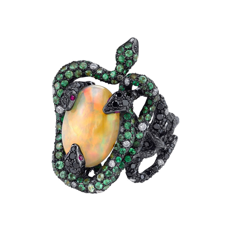 18K Opal, Tsavorite and Black Diamond Snake Ring