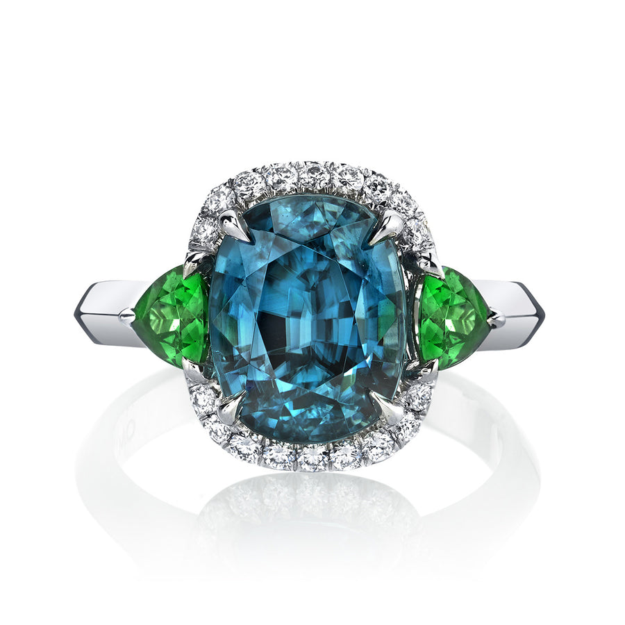 Blue Zircon, Tsavorite Garnet and Diamond 3-Stone Ring