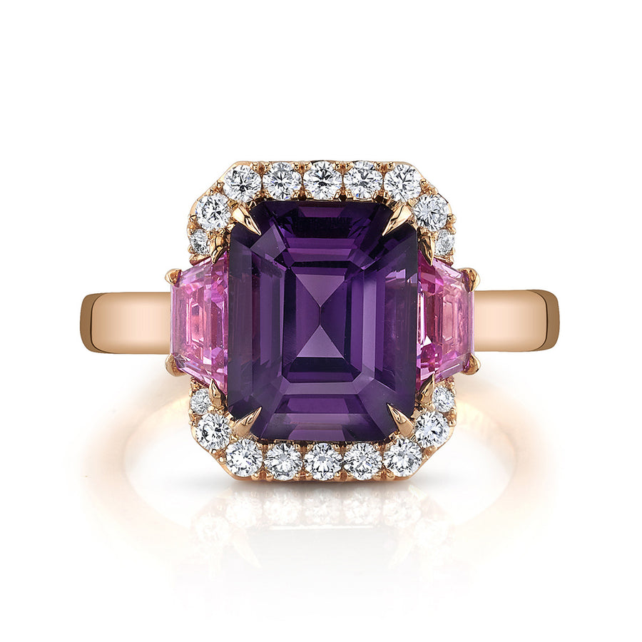 Purple Spinel, Pink Sapphire and Diamond 3-Stone Ring