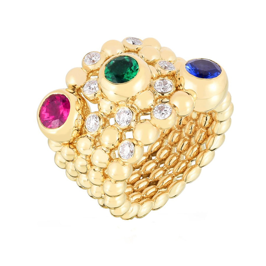 Ruby, Sapphire, Emerald and Diamond 5-Row Beaded Ring