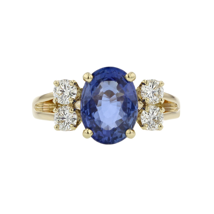 14K Gold Oval Sapphire Ring with Side Diamonds
