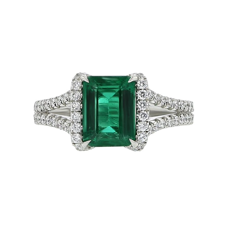 Platinum Emerald-Cut Emerald and Diamond Ring