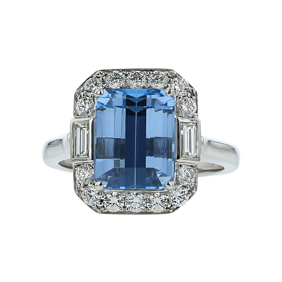 Emerald-Cut Aquamarine and Diamond Halo Ring