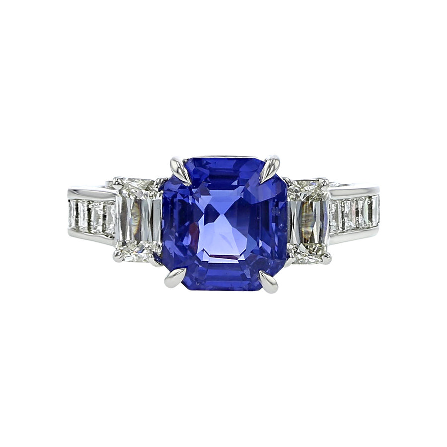 Platinum Emerald-Cut Sapphire and Ashoka Diamond Ring