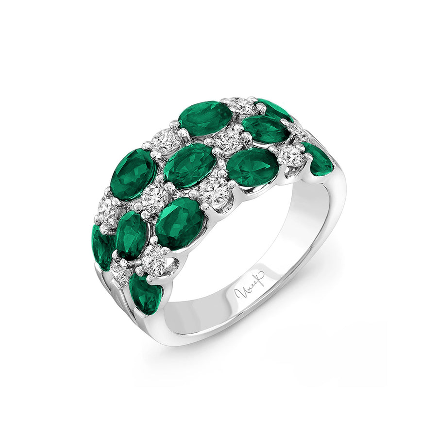 3-Row Oval Emerald and Round Diamond Band
