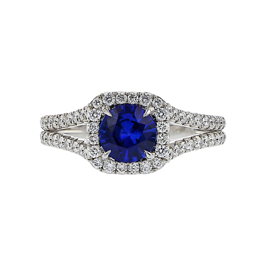 Blue Sapphire and Diamond Halo Signature Ring
