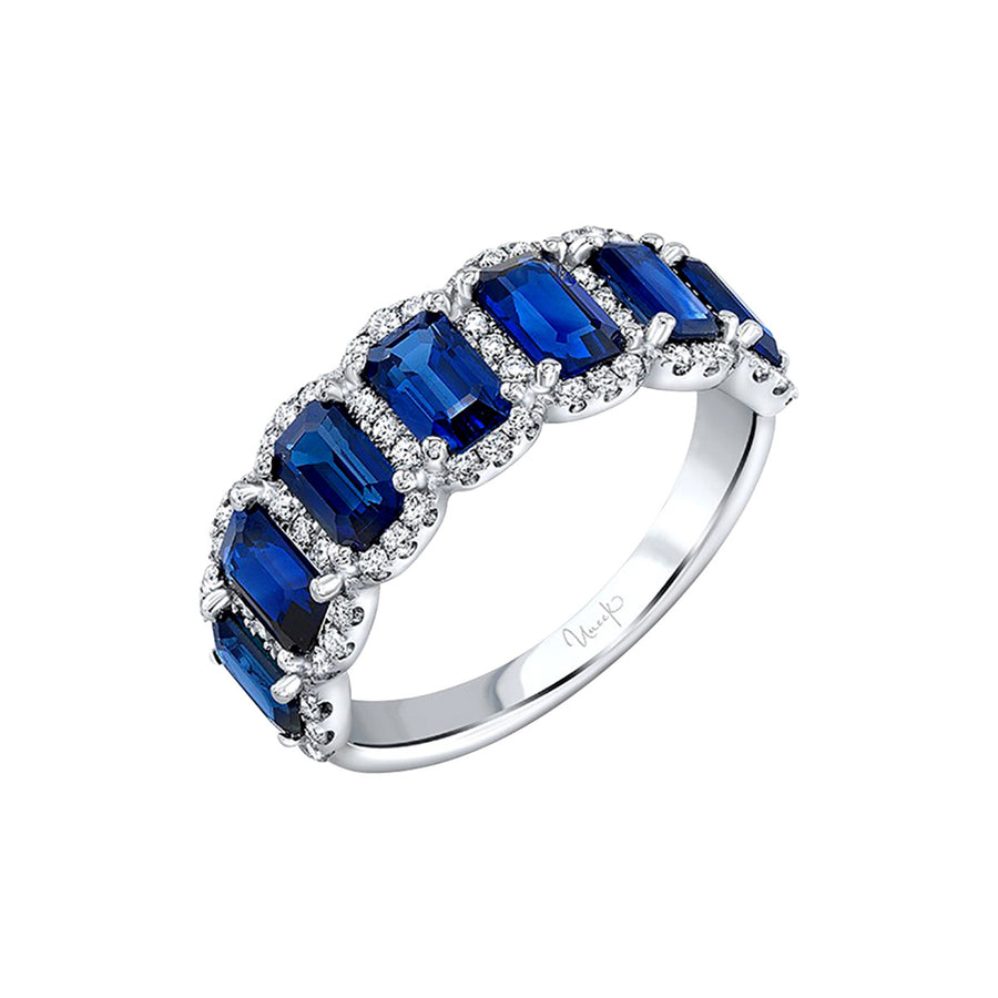 Emerald-cut Sapphire Diamond Halo Band Ring