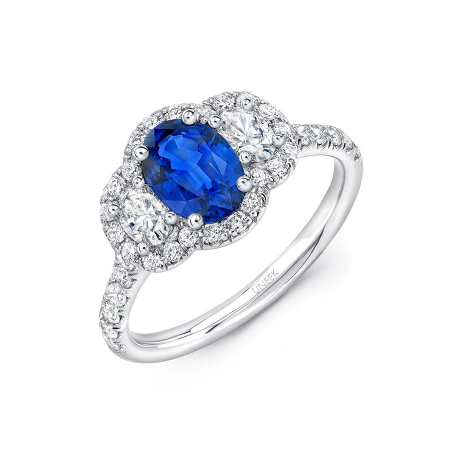 Sapphire 3 Stone Ring with Oval Diamond Sides