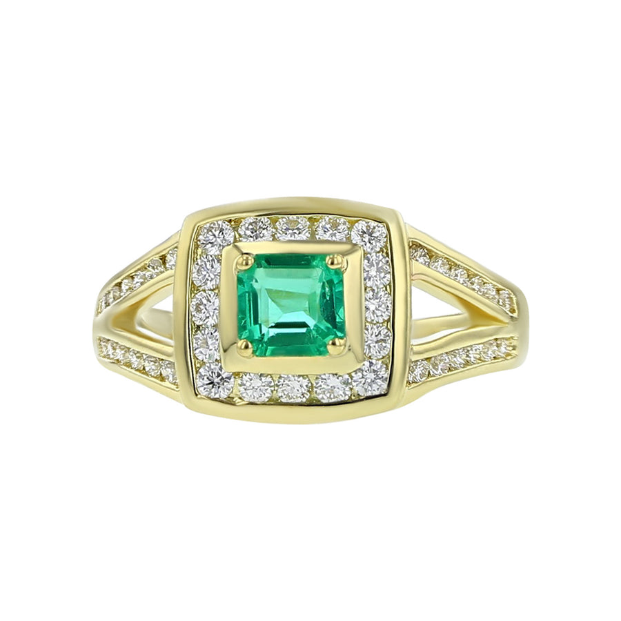 18K Yellow Gold Emerald and Diamond Halo Ring