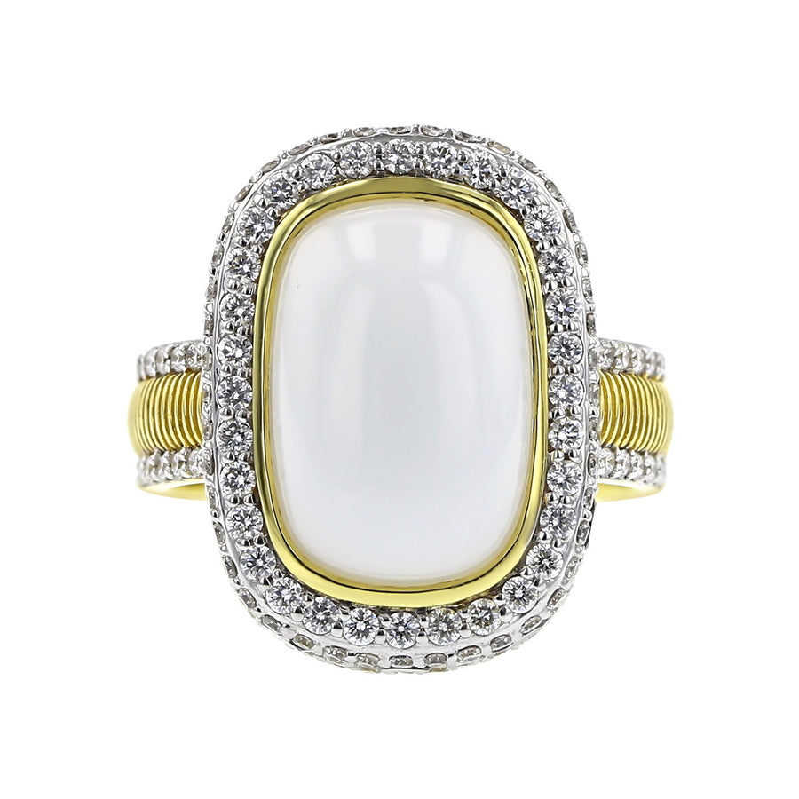 White Onyx, Black Spinel and Diamond Halo Ring