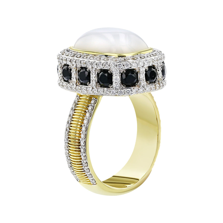White Onyx, Black Spinel and Diamond Halo Ring