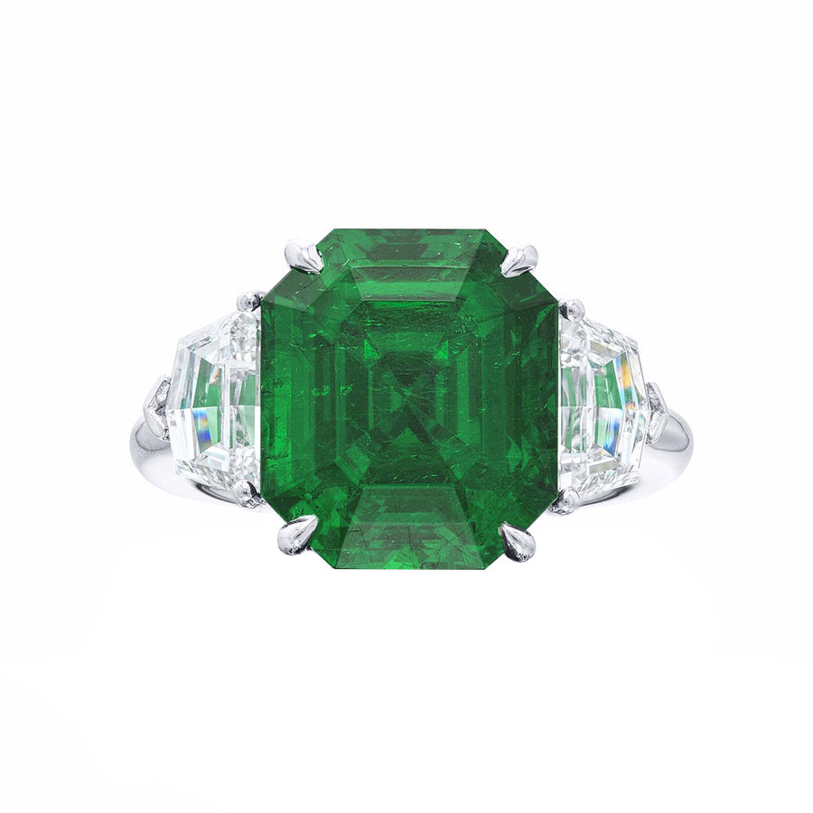 Platinum Emerald and Diamond 3 Stone Ring