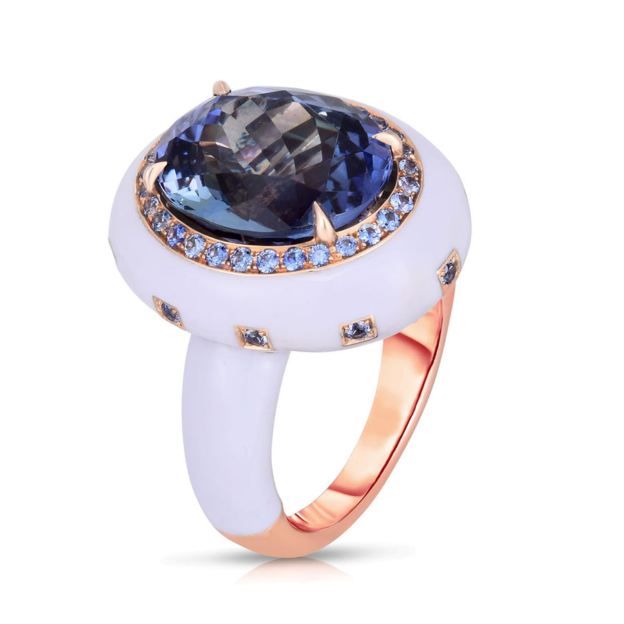 18K Yellow Gold and White Enamel Tanzanite and Sapphire Ring
