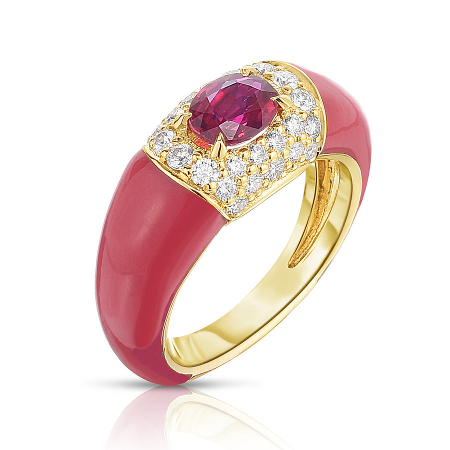 18K Yellow Gold and Pink Enamel Ruby and Diamond Ring