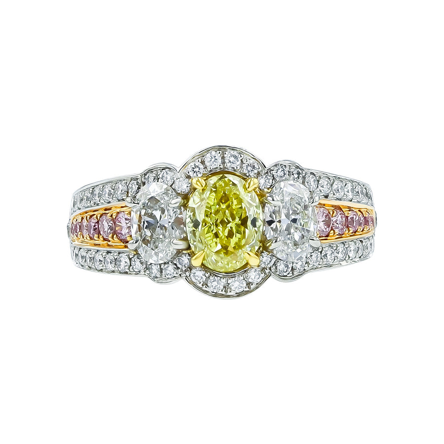 Fancy Intense Yellow, White and Pink Diamond Ring