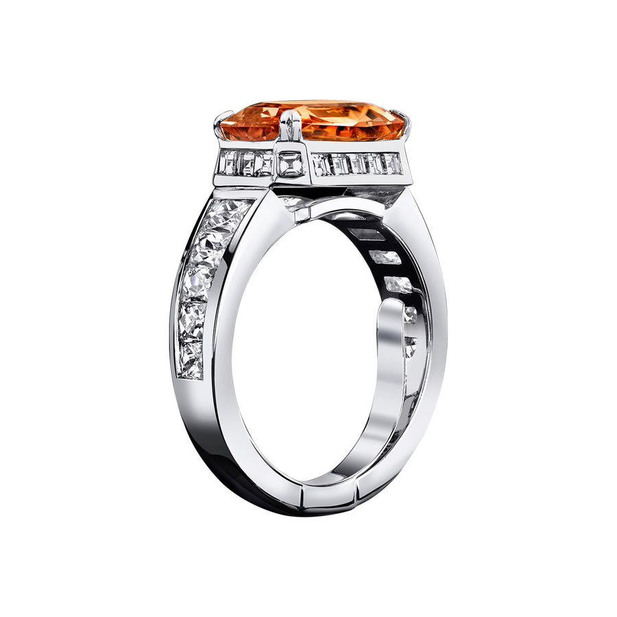 Emerald-cut Orange Sapphire and Diamond Ring