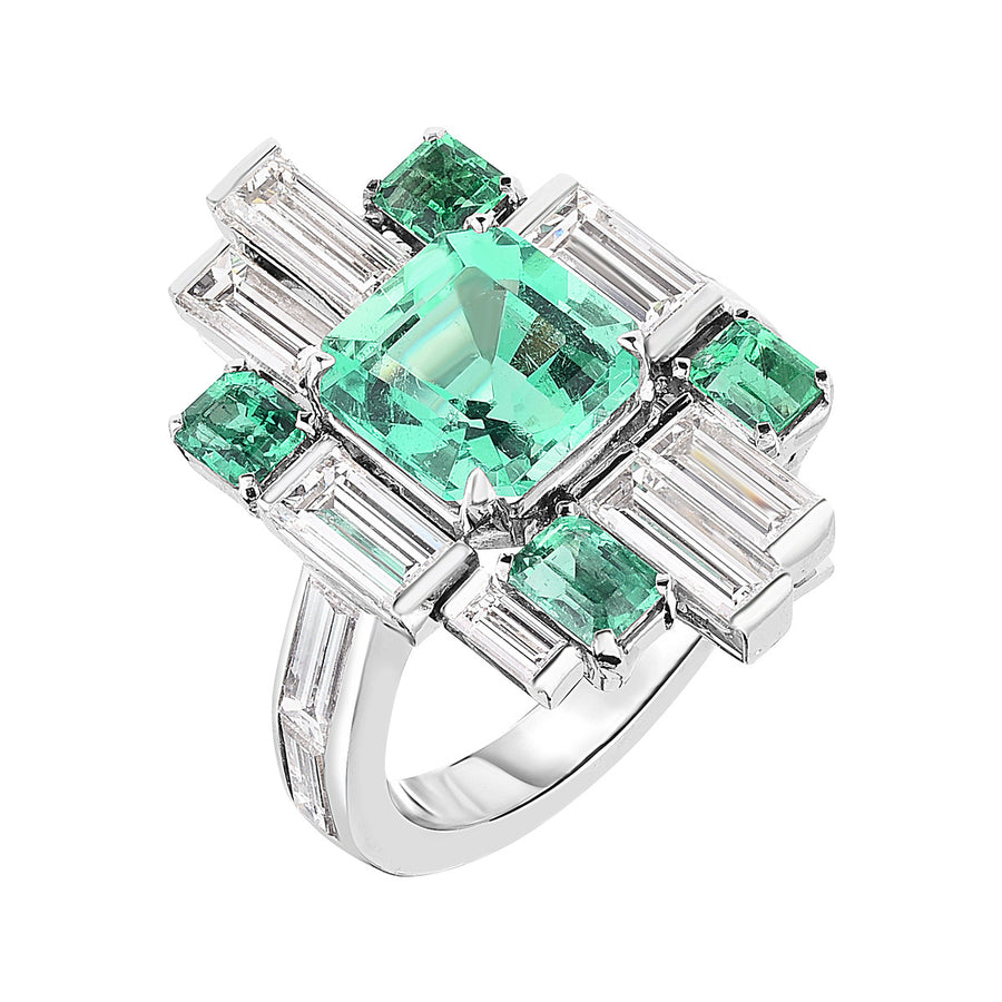 Platinum Emerald and Baguette Diamond Cluster Ring