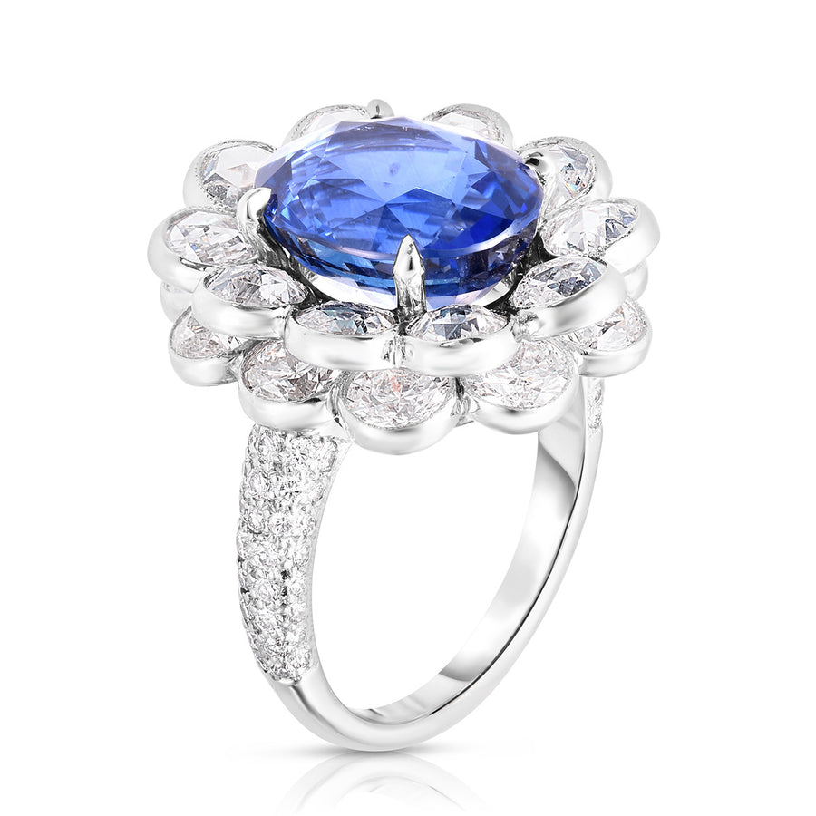 Platinum Oval Sapphire and Diamond Halo Ring