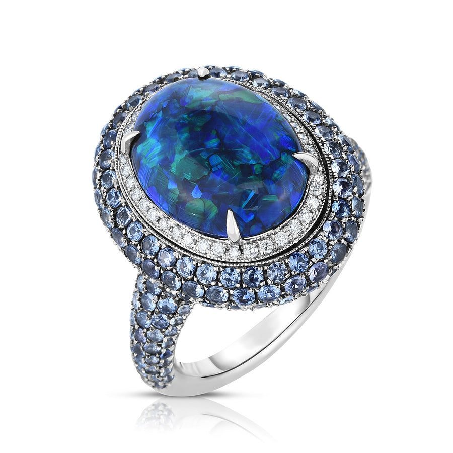 Black Opal, Sapphire and Diamond Double Halo Ring