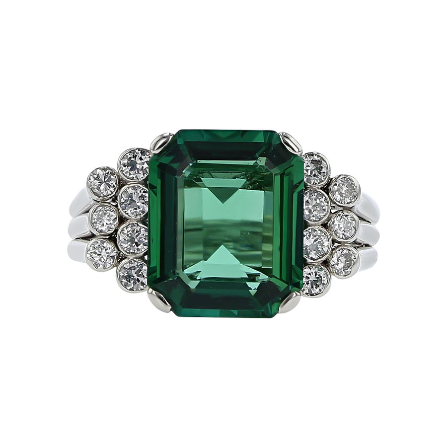 Platinum Emerald-cut Tourmaline and Diamond Ring