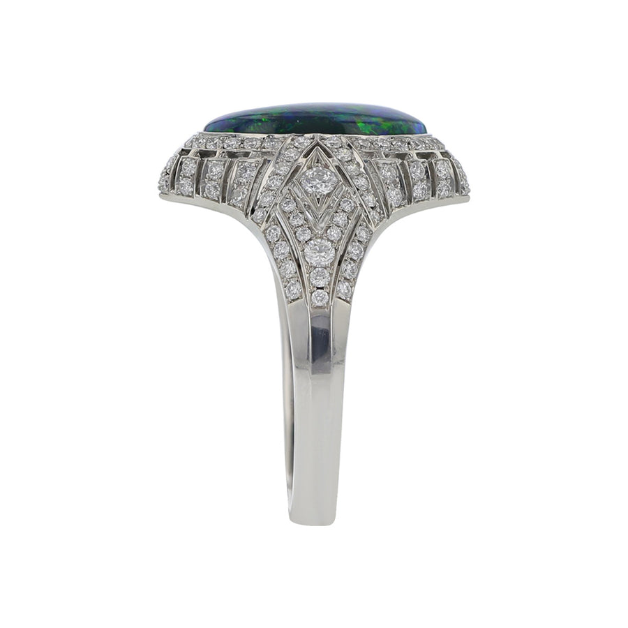 Platinum Cabochon Black Opal and Diamond Ring