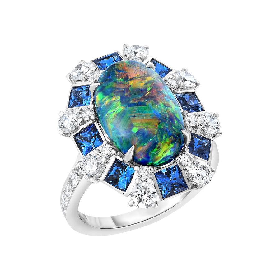 Black Opal, Sapphire and Diamond Halo Ring