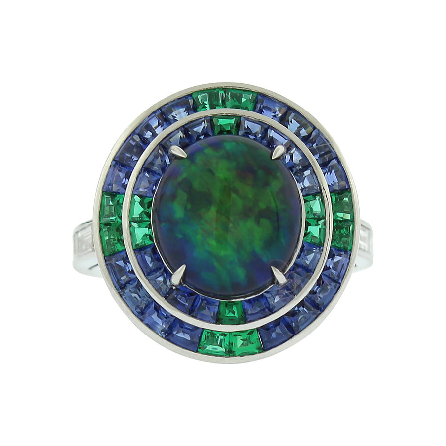 Opal, Emerald, Sapphire, and Diamond Halo Ring