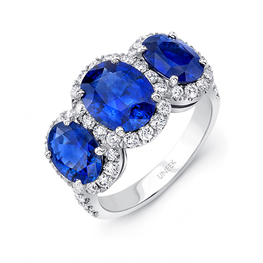 Oval Sapphire Three-Stone Three-Halo Engagement Ring