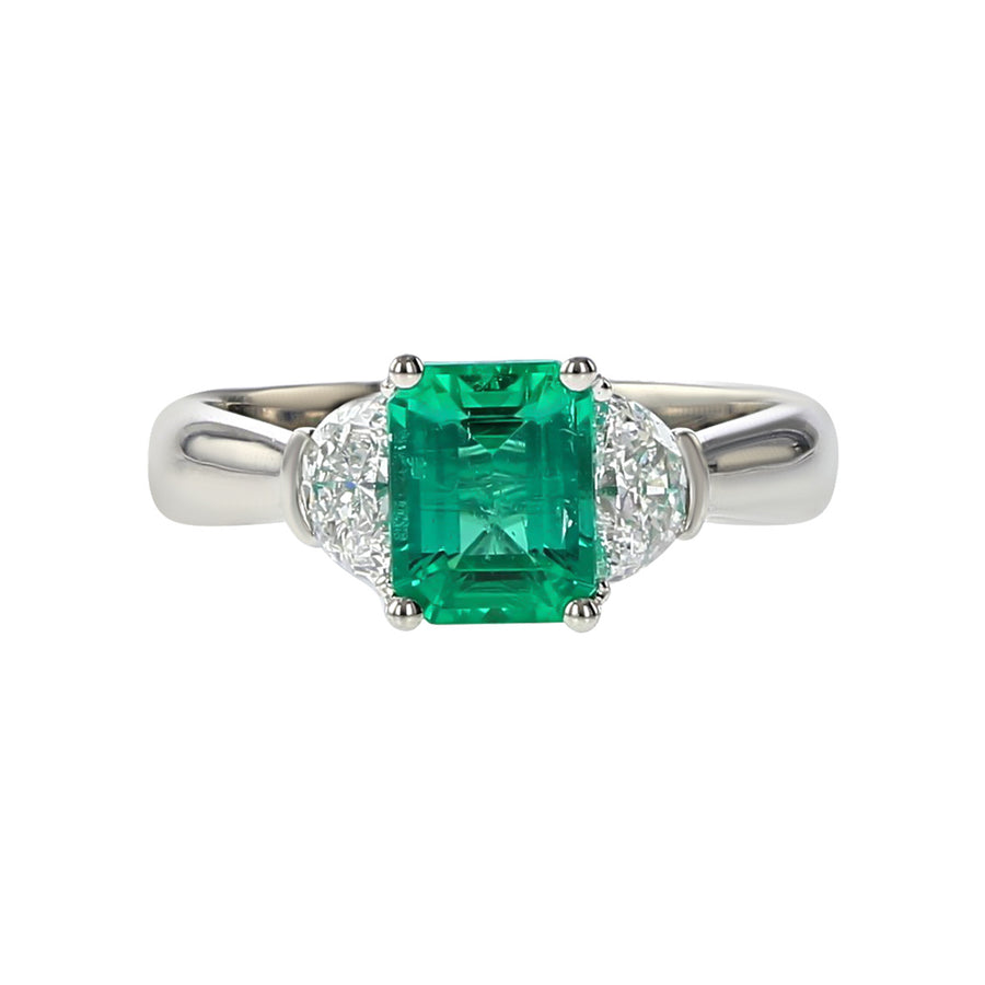 Platinum Emerald-cut Emerald and Diamond 3-Stone Ring