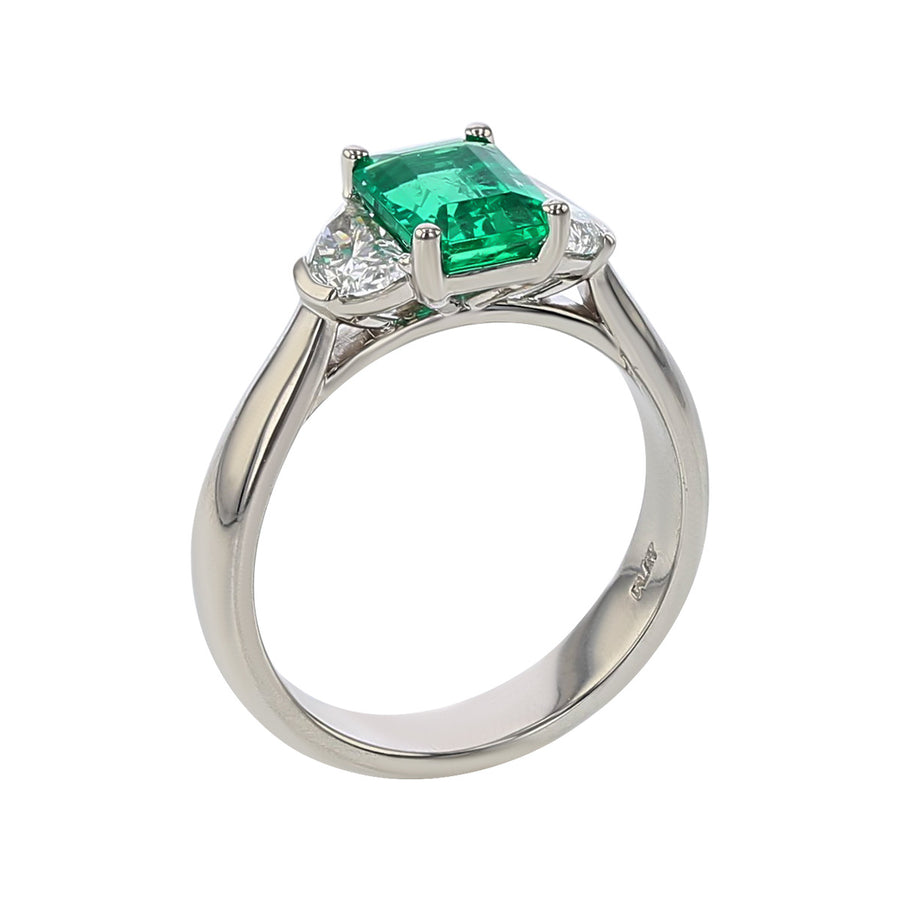 Platinum Emerald-cut Emerald and Diamond 3-Stone Ring