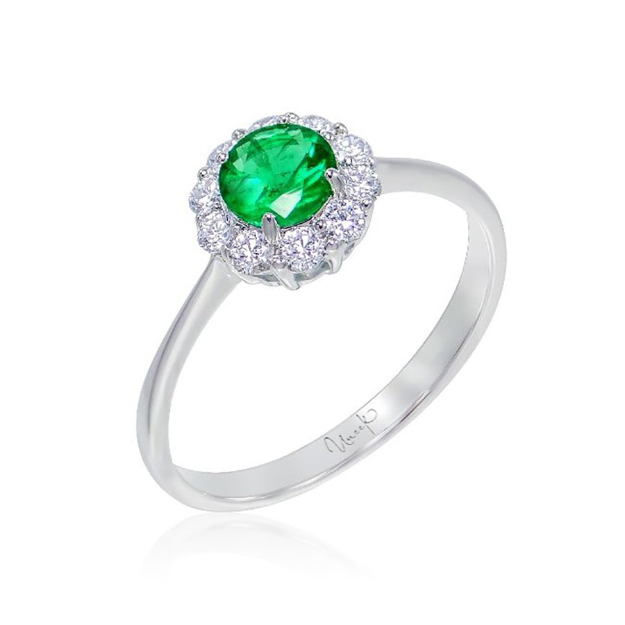 Round Emerald Ring with Scalloped Diamond Halo