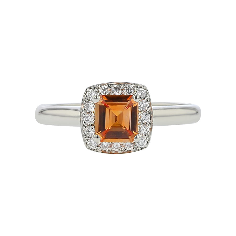Asscher-cut Orange Sapphire and Diamond Halo Ring