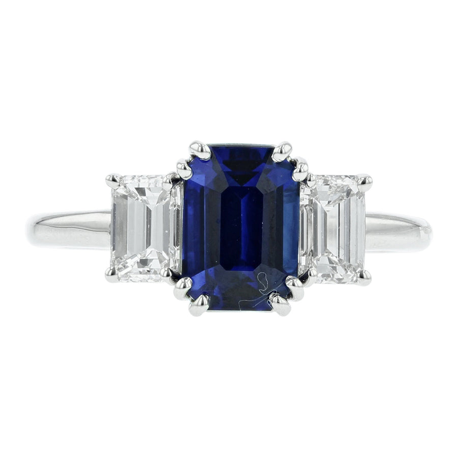 Platinum Emerald-Cut Sapphire Diamond Three Stone Ring