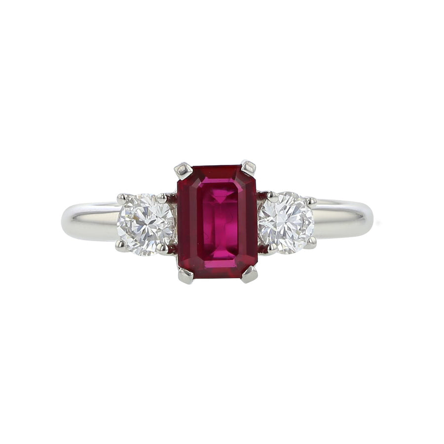 Platinum Emerald-cut Ruby and Diamond 3-Stone Ring