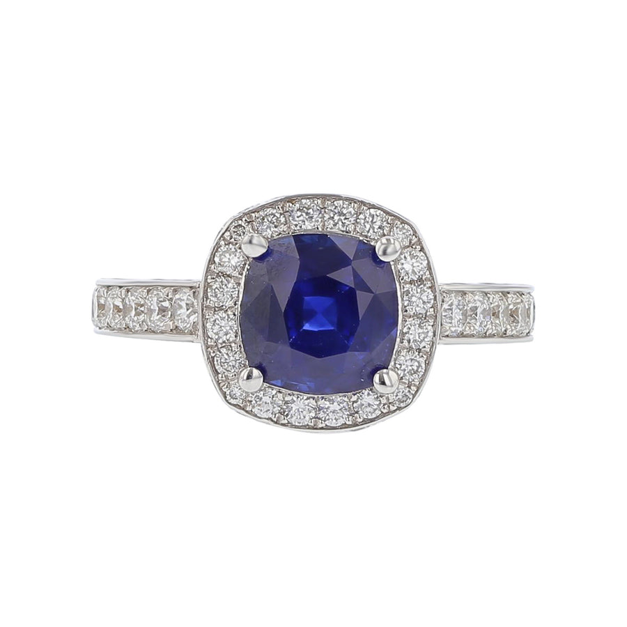 18K White Gold Cushion-cut Sapphire and Diamond Halo Ring
