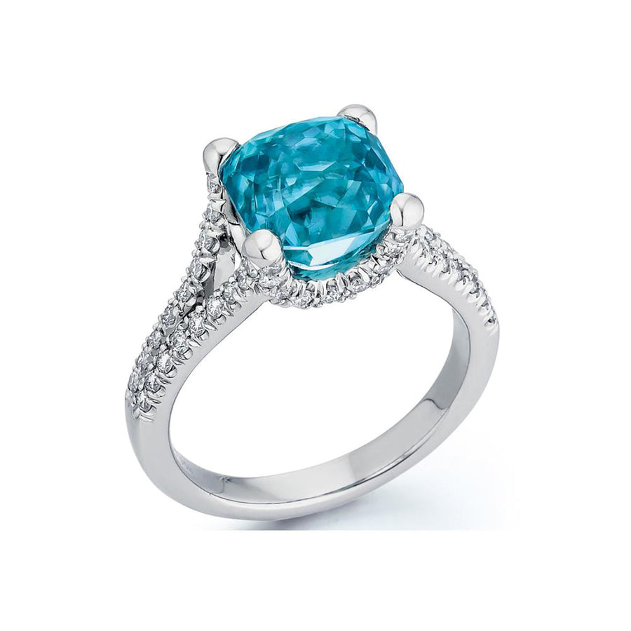 Platinum Blue Zircon and Diamond Ring