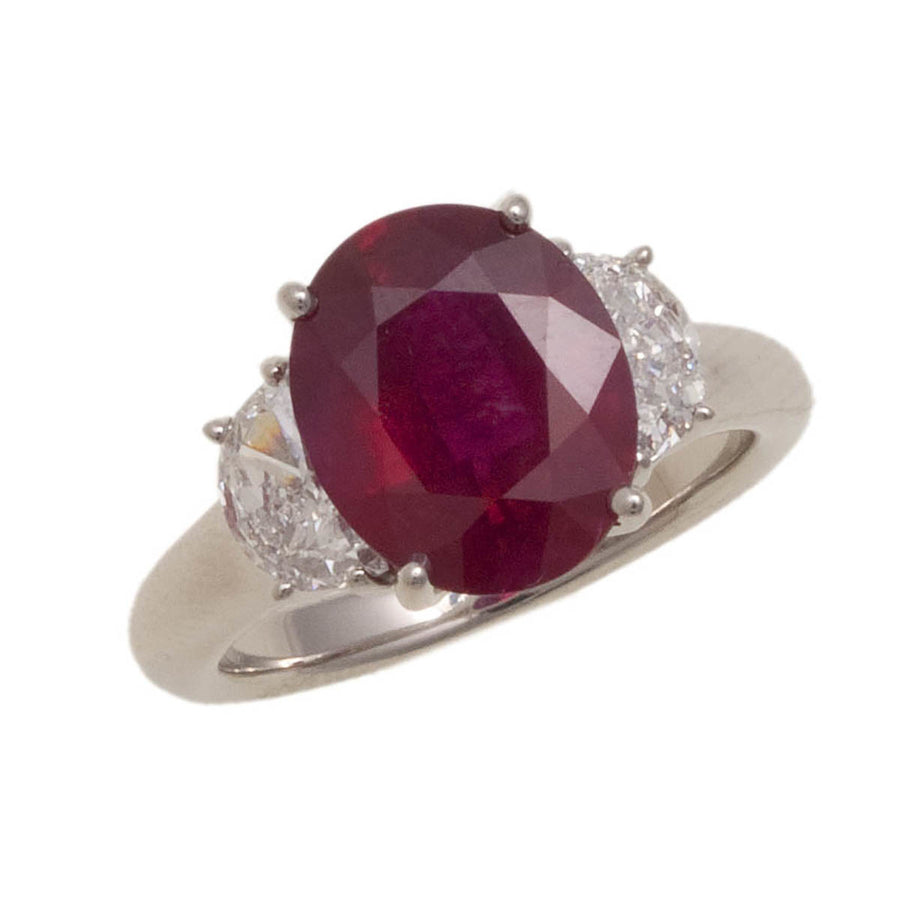 Platinum Burma Ruby and Diamond 3-Stone Ring