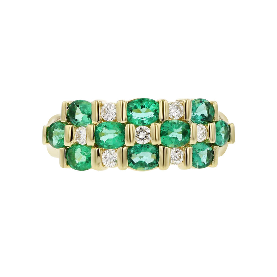 18K Yellow Gold Emerald and Diamond 3-Row Ring