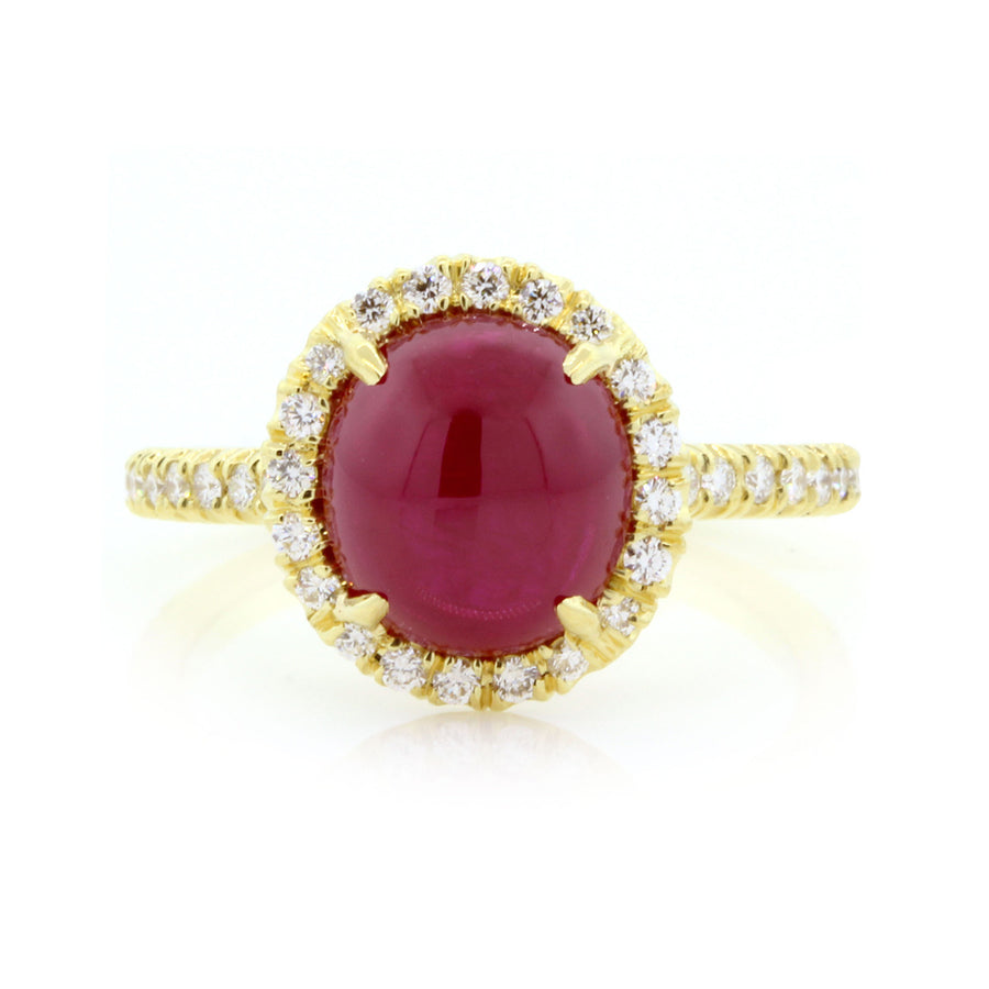 18K Yellow Gold Burma Cabochon Ruby Diamond Ring