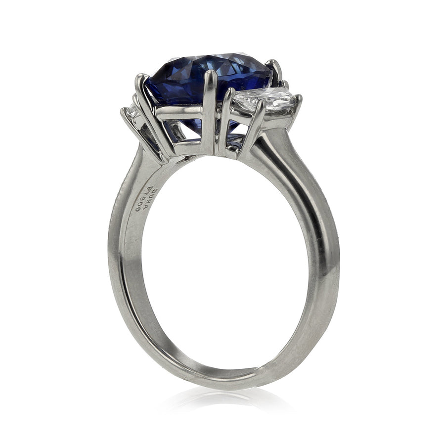 Platinum Sapphire Ring with Half-Moon Diamonds