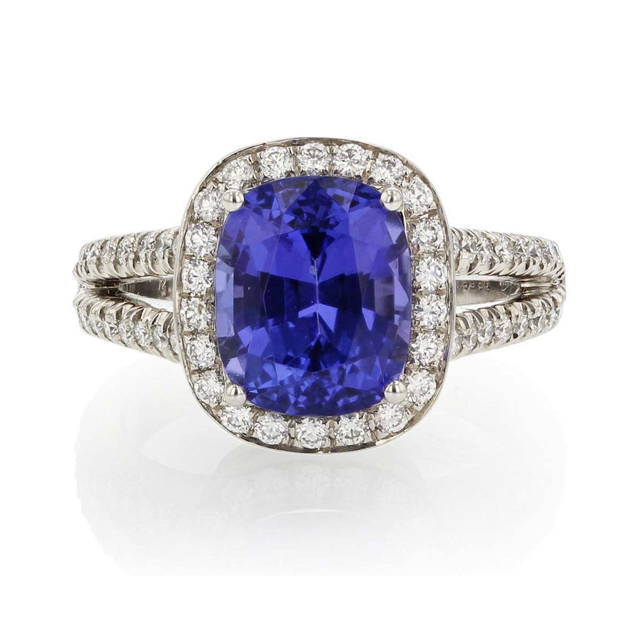 Platinum Blue Tanzanite Diamond Halo Ring