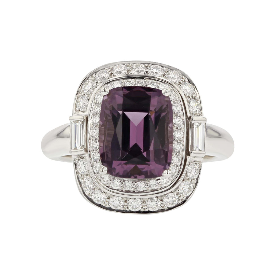 Cushion-cut Purple Spinel and Diamond Double Halo Ring