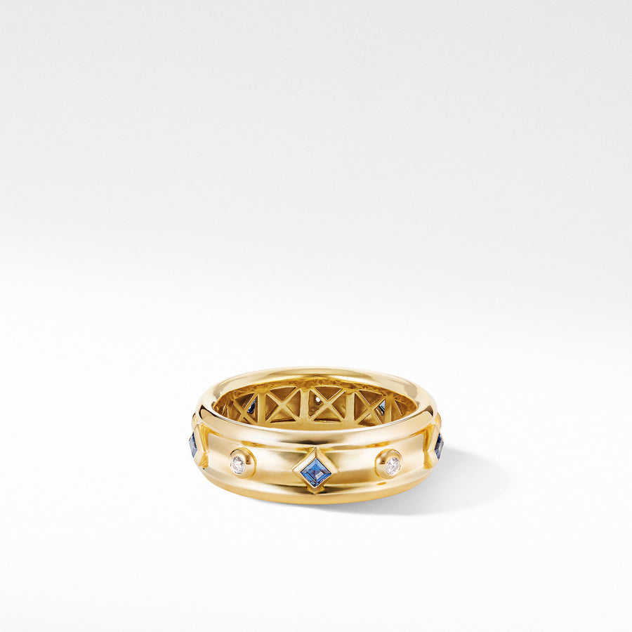 Modern Renaissance Ring in 18K Yellow Gold with Blue Sapphires and Diamonds