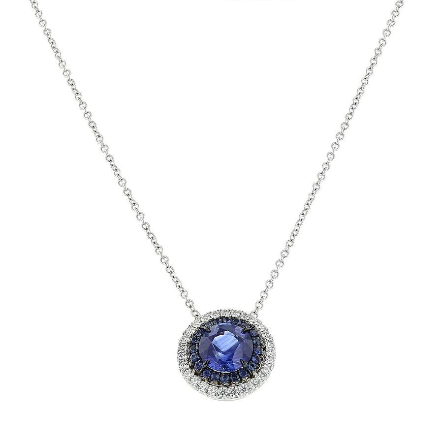 18K White Gold Sapphire and Diamond Halo Necklace