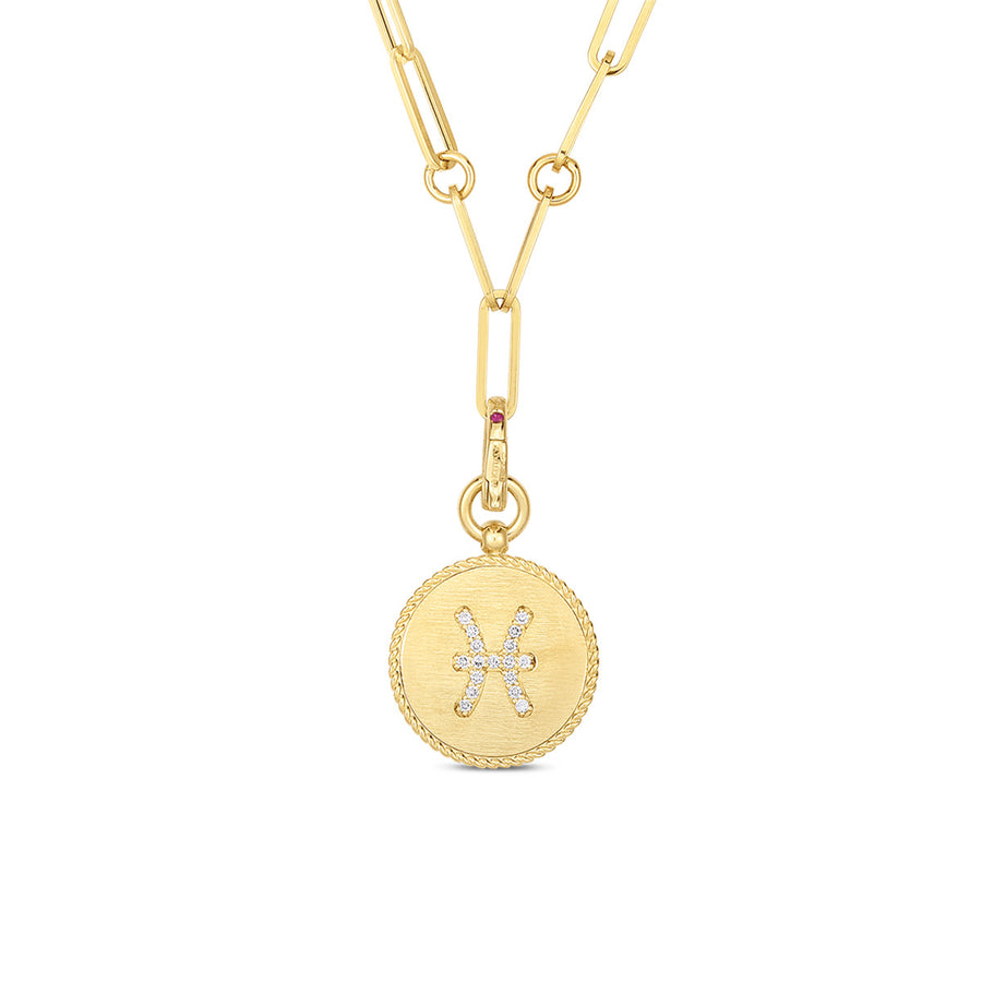 18K Diamond Pisces Zodiac Medallion Pendant with Coin Edge on Paper Clip Chain
