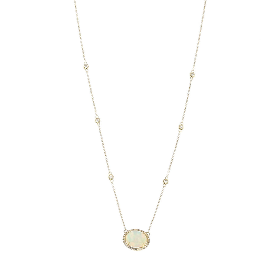 14K Yellow Gold Opal and Diamond Halo Necklace
