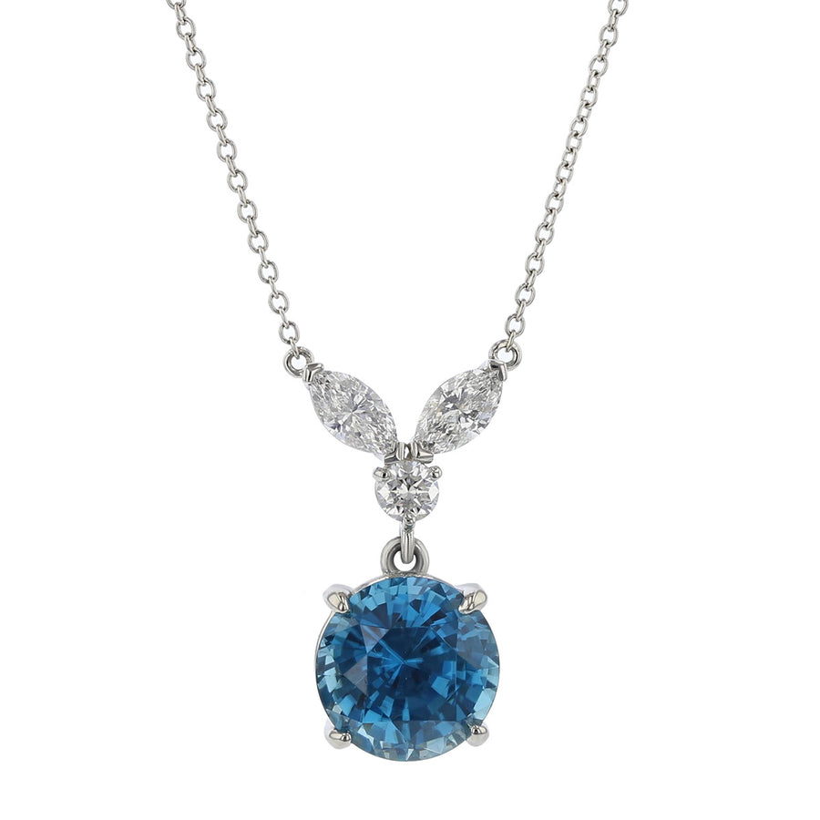 Platinum Cambodian Blue Zircon and Diamond Necklace