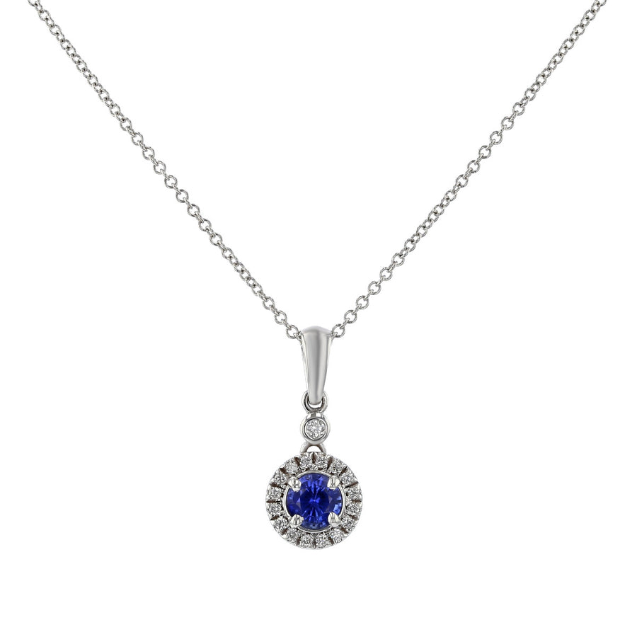 Blue Sapphire and Diamond Halo Pendant Necklace