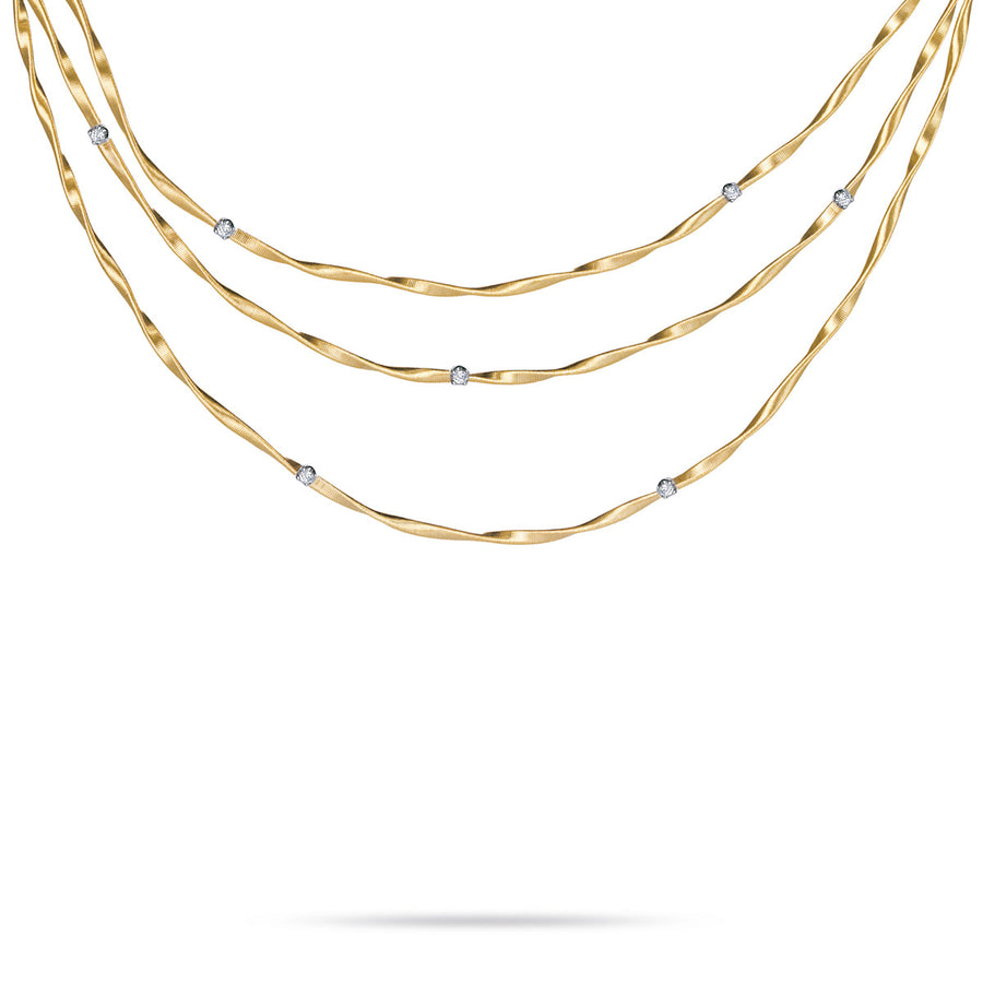 18K Yellow Gold Mini and Diamond Three Strand Collar Necklace