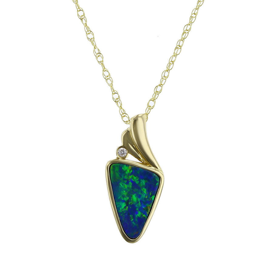 14K Yellow Gold Triangle Opal and Diamond Pendant